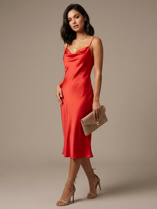 bebe Dresses & Skirts - Bebe Red Satin Cowl Neck Midi Slip Dress Size M